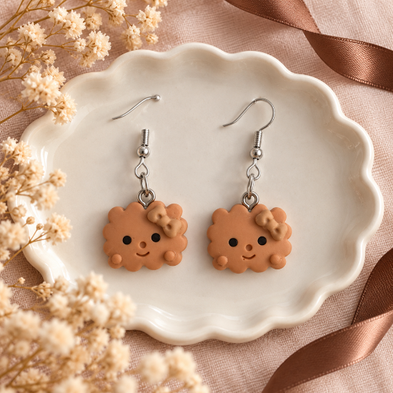 Imagem de Brinco Kawaii Biscoitinho Marrom com Lacinho – Bijuteria Feminina Fofa Estilo Japonês