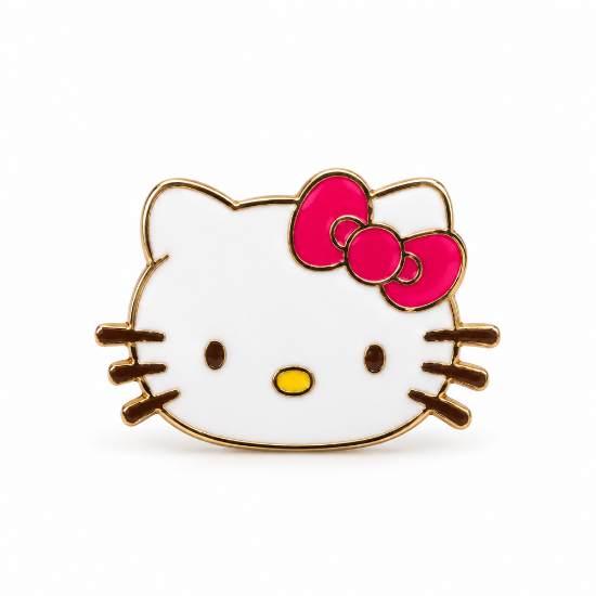 Imagem de Pin Broche Hello Kitty Clássica com Laço Rosa e Contorno Dourado – Acessório Kawaii para Jaqueta Jeans, Mochila e Bolsa